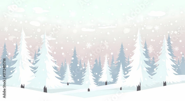 Fototapeta Soft pastel winter forest landscape with snowy trees and gentle gradient sky. Perfect for minimalist seasonal designs.