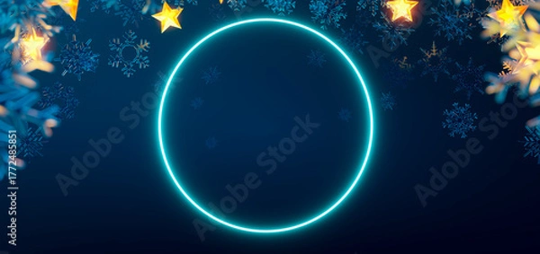 Fototapeta 3d rendering glowing neon circle with festive snowflakes and stars