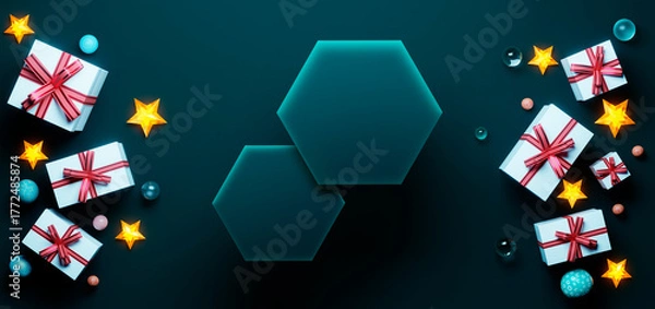 Fototapeta 3d rendering christmas holiday gifts and stars with glowing pedestals