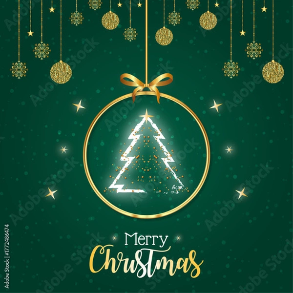 Obraz Christmas and New Year greeting cards with xmas decoration. Winter Holiday Posters or banners design in modern realistic style with fir branches, gift boxes, christmas tree toys deer and stars