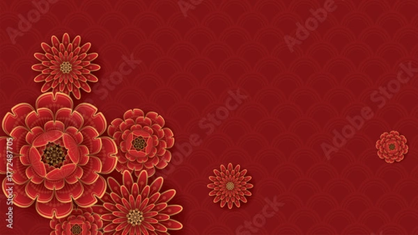 Fototapeta Flowers oriental style on red background have blank space.