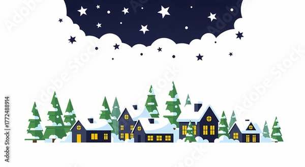 Obraz Minimal vector illustration of a snowy forest under a cloudy winter sky with gentle snowfall. Ideal for seasonal, holiday, and nature themes.