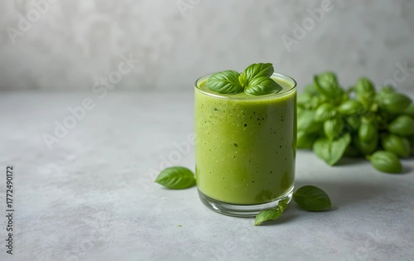 Fototapeta A glass of vivid green smoothie garnished with fresh basil leaves, resting on a light gray surface with a gentle, neutral-toned background.