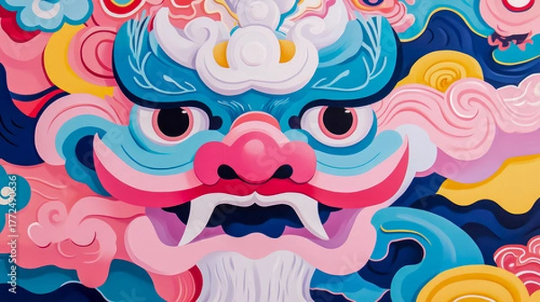 Obraz Vibrant, layered graphic illustration of stylized mythical creature's face, featuring bold blue and pink hues with intricate patterns and swirling clouds, evoking modern East Asian artistic aesthetic