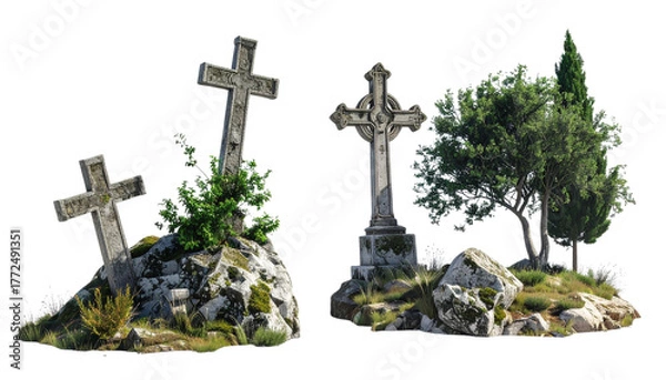 Fototapeta Two stone cross ruin scenes with old trees isolated on transparent background.