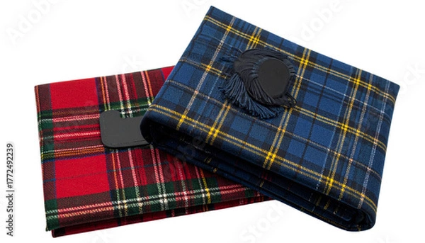 Fototapeta Two traditional tartan kilts showcasing vibrant Scottish patterns isolated on transparent background.
