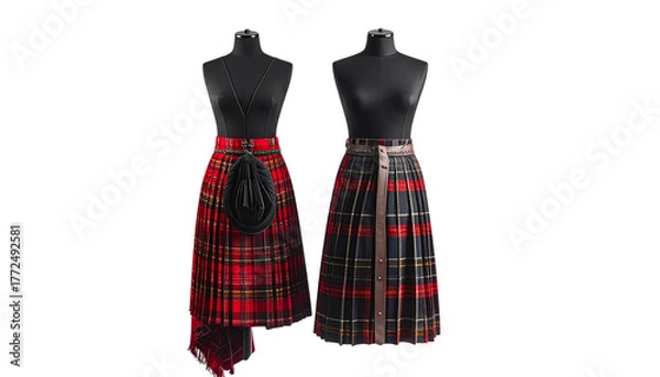 Fototapeta Two variations of colorful tartan kilts for Scottish heritage isolated on transparent background.