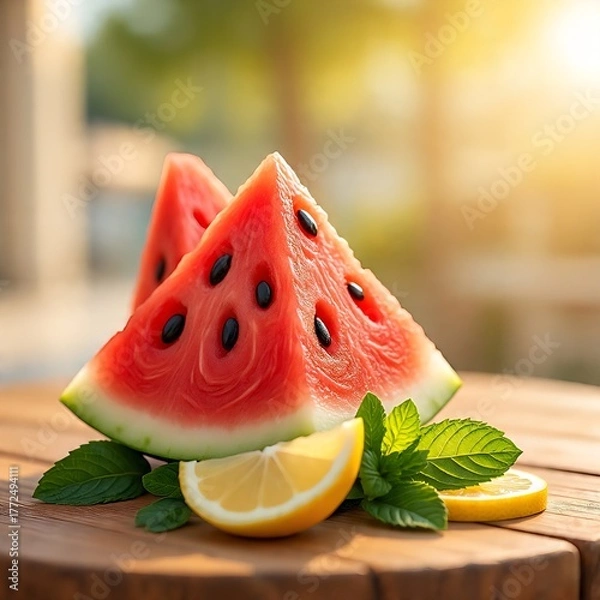 Obraz Fresh watermelon slices with lemon and mint on wooden table in summer light