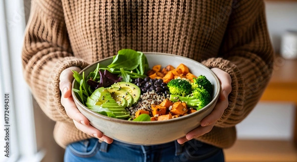Obraz Healthy Vegan Buddha Bowl: Nutritious Plant-Based Meal with Fresh Greens, Avocado, Chickpeas & Broccoli