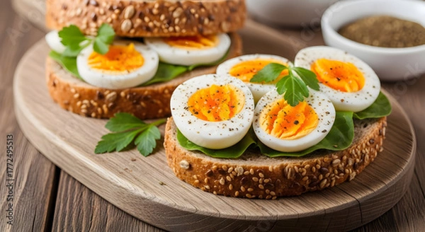 Obraz Healthy Boiled Eggs on Whole Grain Toast with Avocado & Greens | Nutritious Breakfast Idea