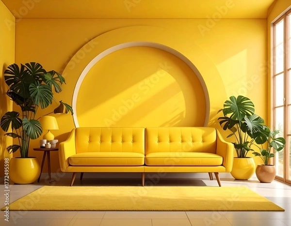 Fototapeta Modern yellow room with sofa, plants, arch, and sunlight