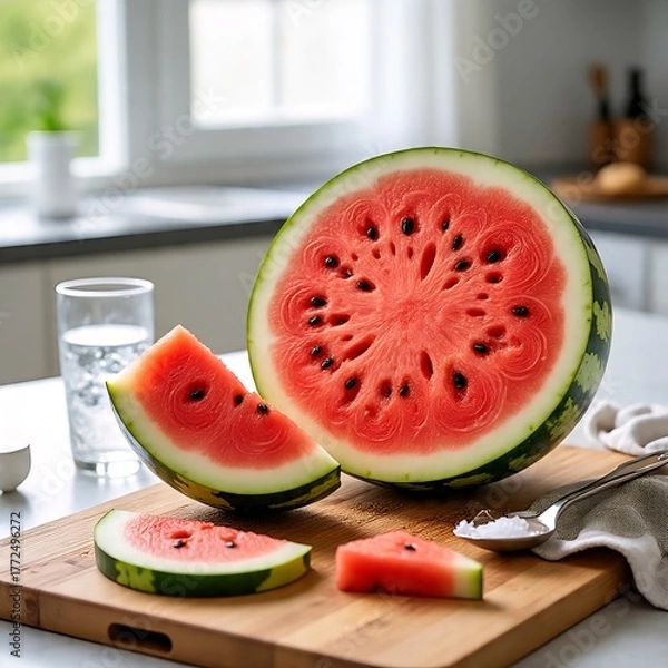 Obraz Whole and sliced watermelon on kitchen counter with natural morning light