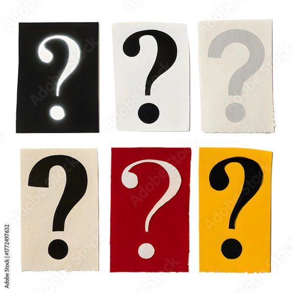 Obraz Ransom letter font ? from printout magazine cutout, collage element for graphic design,  png isolated on transparent background. A collage of six stylized question marks on varied backgrounds