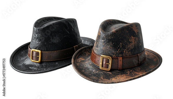 Fototapeta Two Pilgrim hat variations with historical design details isolated on transparent background.