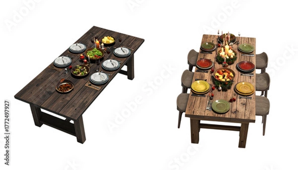 Fototapeta Two Orthodox Christmas Eve table variations with twelve dishes isolated on transparent background.