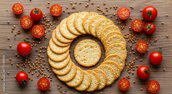 Obraz Wholesome Crackers with Ripe Cherry Tomatoes - Rustic Snack & Appetizer Food Arrangement