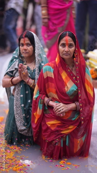 Obraz Devotee womens in sacred water offering prayers to the Sun God during Chhath Puja, showing deep faith, purity, and spiritual devotion.