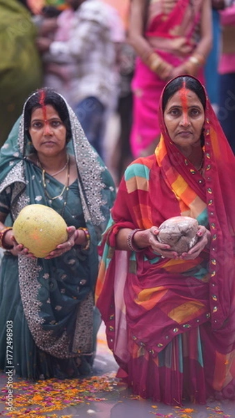 Fototapeta Two women offering coconuts and Fruits in holy water during Chhath Puja, expressing devotion and spirituality in early morning light.