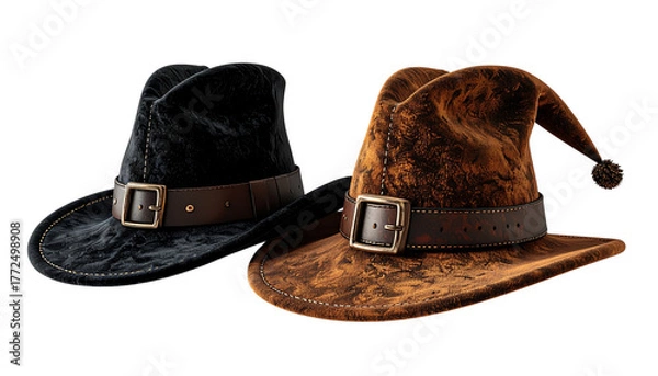 Fototapeta Two plush Pilgrim hat variations with festive texture and holiday style isolated on transparent background.