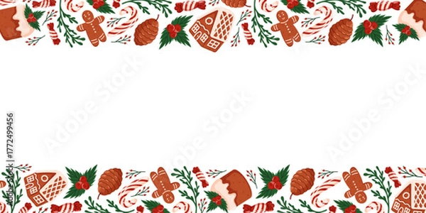 Obraz Festive border frame with gingerbread cookie, candy cane, pine cone, holly and Christmas cake on a white background in flat style. Design for holiday celebration card and bakery seasonal wallpaper.