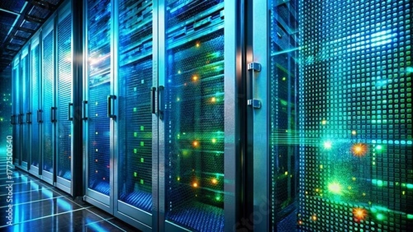 Obraz Double Exposure: Server Rack Close-up - Data Center Technology & Hardware