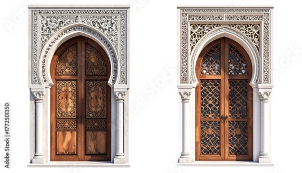 Fototapeta Two Moroccan architectural doorway and window designs with intricate patterns isolated on transparent background.