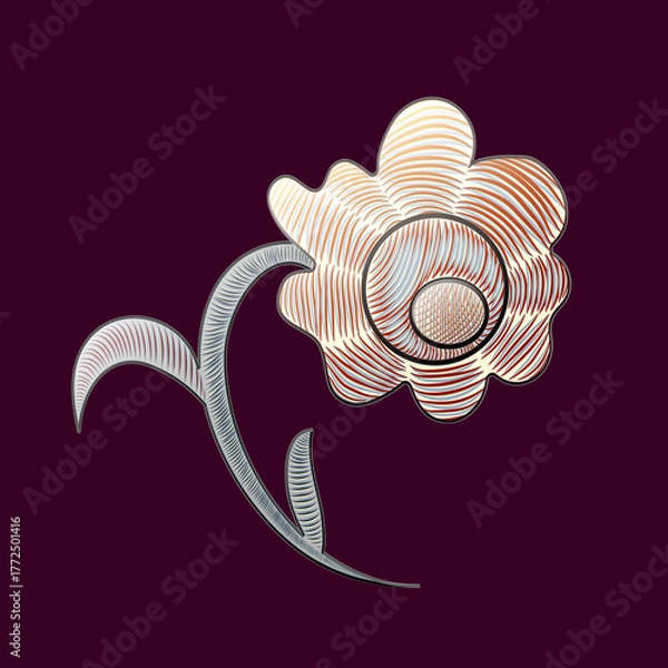 Fototapeta Thread-embroidered flower with leaves for printing on clothes, stickers, websites, postcards.