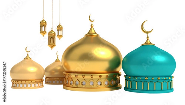 Fototapeta Two Islamic dome variations with lanterns and crescent motifs isolated on transparent background.