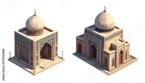 Fototapeta Two isometric Islamic architecture element variations with arches and domes isolated on transparent background.