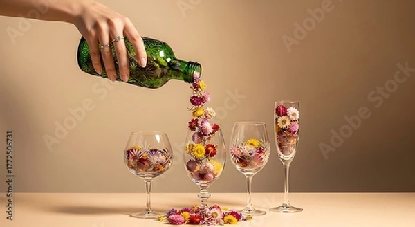 Obraz Human hand pours colorful dried blossoms from a decorative green bottle into various crystal drinking vessels