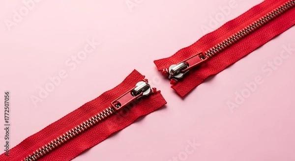 Fototapeta Bright red separating fastener lies open diagonally across a pale pink background