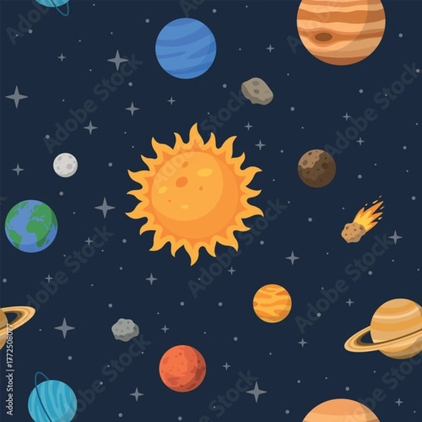 Obraz Solar System Seamless Pattern with Planets, Sun, Stars and Comets on Dark Blue Background
