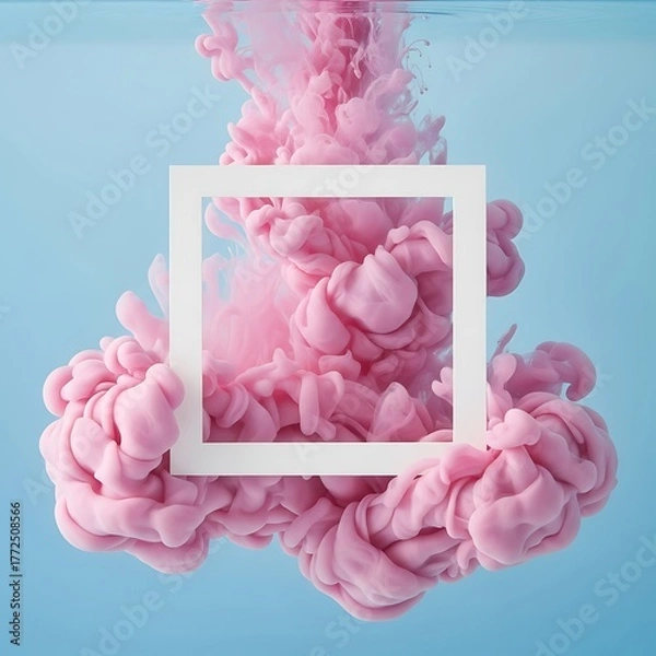 Obraz Vibrant pink fluid expands within clear blue liquid surrounding a centered white square frame