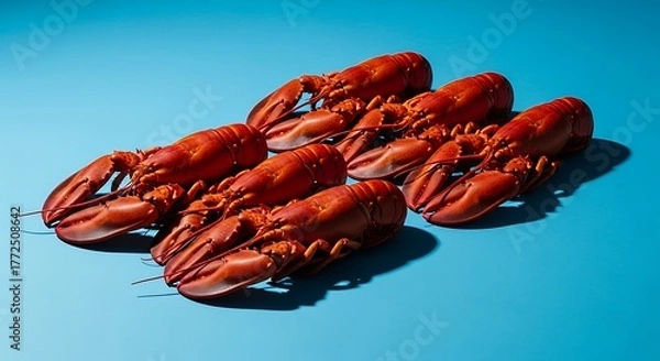 Obraz Several cooked crustaceans arranged geometrically on a bright blue surface