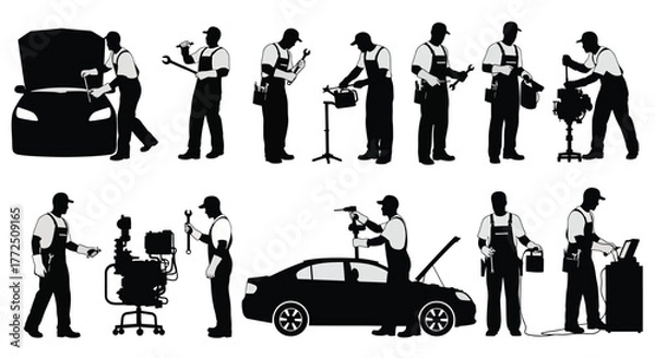 Fototapeta Silhouette of car mechanic working on vehicle, repairing engine, changing tires