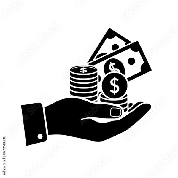 Fototapeta Vector illustration of a hand holding cash money, coins, and dollar banknotes, representing a concept of payment, finance, and personal wealth in a simple icon
