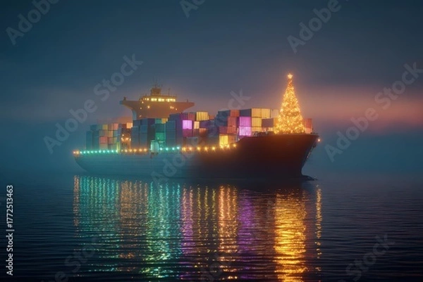Fototapeta Festive cargo ship glowing on New Year night