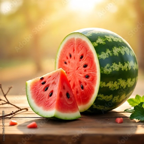 Obraz Ripe watermelon half with juicy slice on rustic wooden table