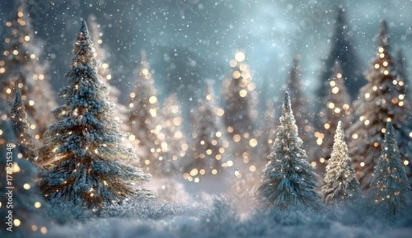 Fototapeta Christmas trees with light decorations in a forest.