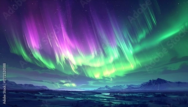 Fototapeta Aurora Borealis Over a Wintry Landscape A Symphony of Colors in the Night Sky