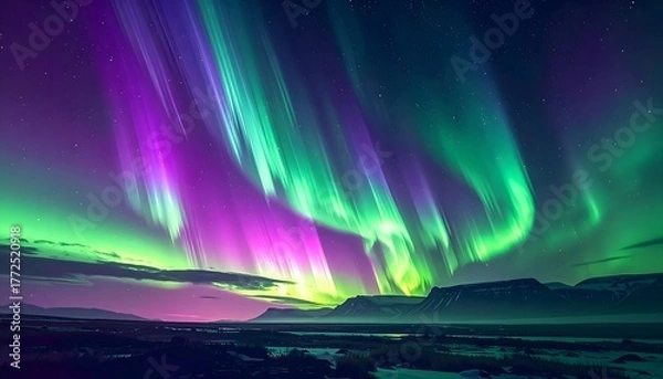Fototapeta Spectacular Aurora Borealis Display Dancing Across Icelandic Night Sky, A Breathtaking Symphony of Colors