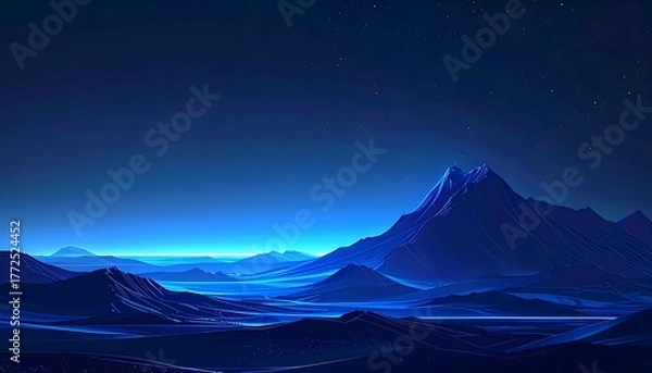 Fototapeta Vast nocturnal mountain landscape under a starlit sapphire sky, showcasing an ethereal blue wilderness with majestic peaks and serene valleys bathed in twilight's soft glow