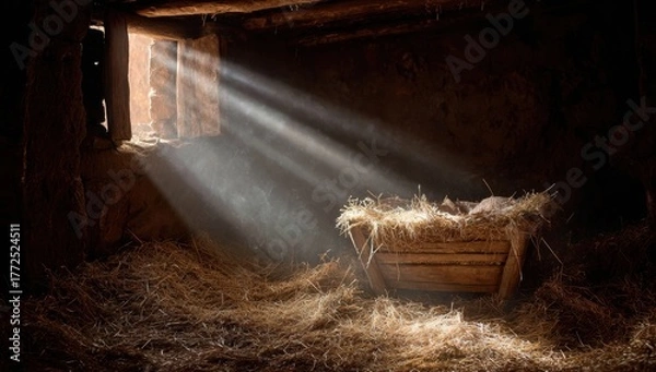 Fototapeta The baby's cradle in the manger, illuminated by rays of light streaming through an open window.