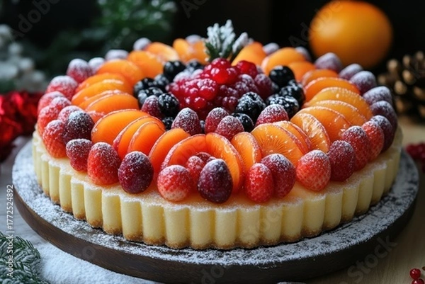 Obraz Cake topped with fruit and powdered sugar.