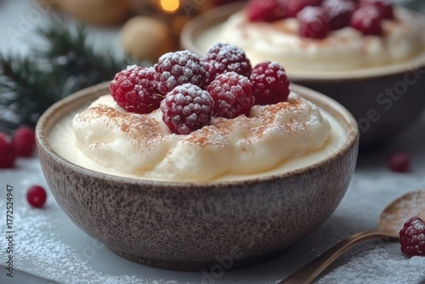 Fototapeta Bowl of pudding with raisins and powder.
