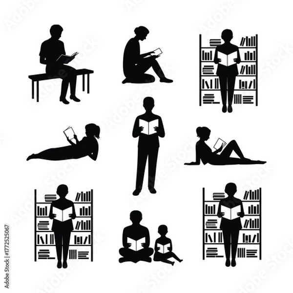 Fototapeta Collection of people reading books in various positions