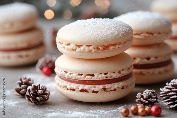 Obraz Stack of macarons in front of a Christmas tree.