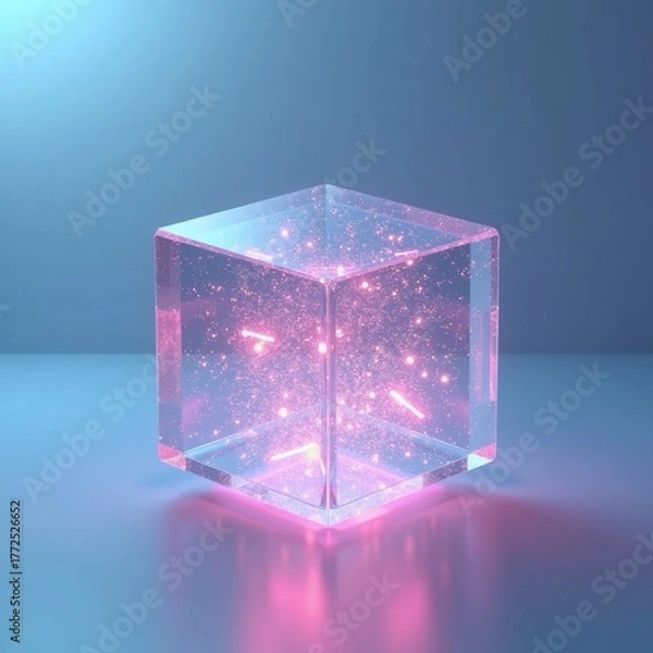 Fototapeta A floating transparent cube filled with digital particles, glowing from within, futuristic background