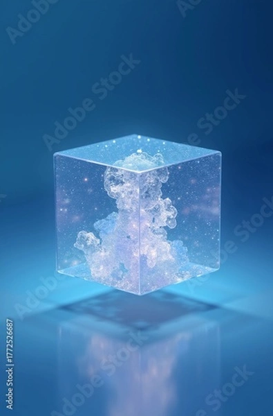 Obraz A floating transparent cube filled with digital particles, glowing from within, futuristic background