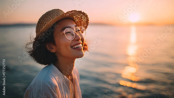 Fototapeta A woman smiling joyfully while standing by the sea during a beautiful sunset. She is wearing a straw hat, round glasses, and a light shirt, with the warm sunlight illuminating her face and hair.